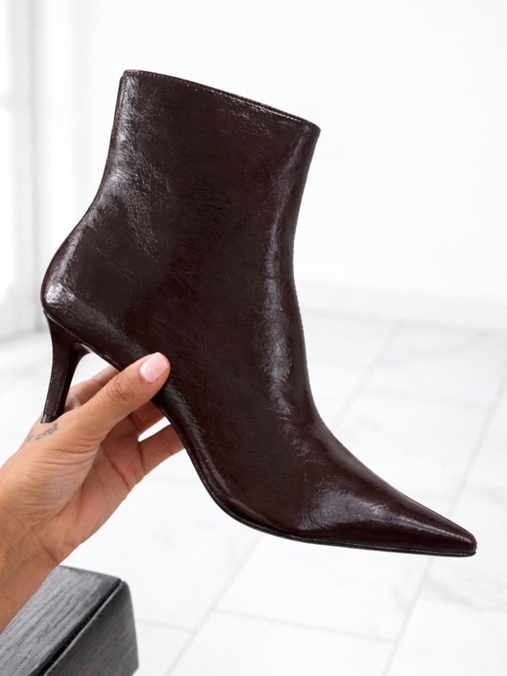 Mango Chocolate Brown Glossy Ankle Boots-Pointed Toe Heels-Size 42 / US 10